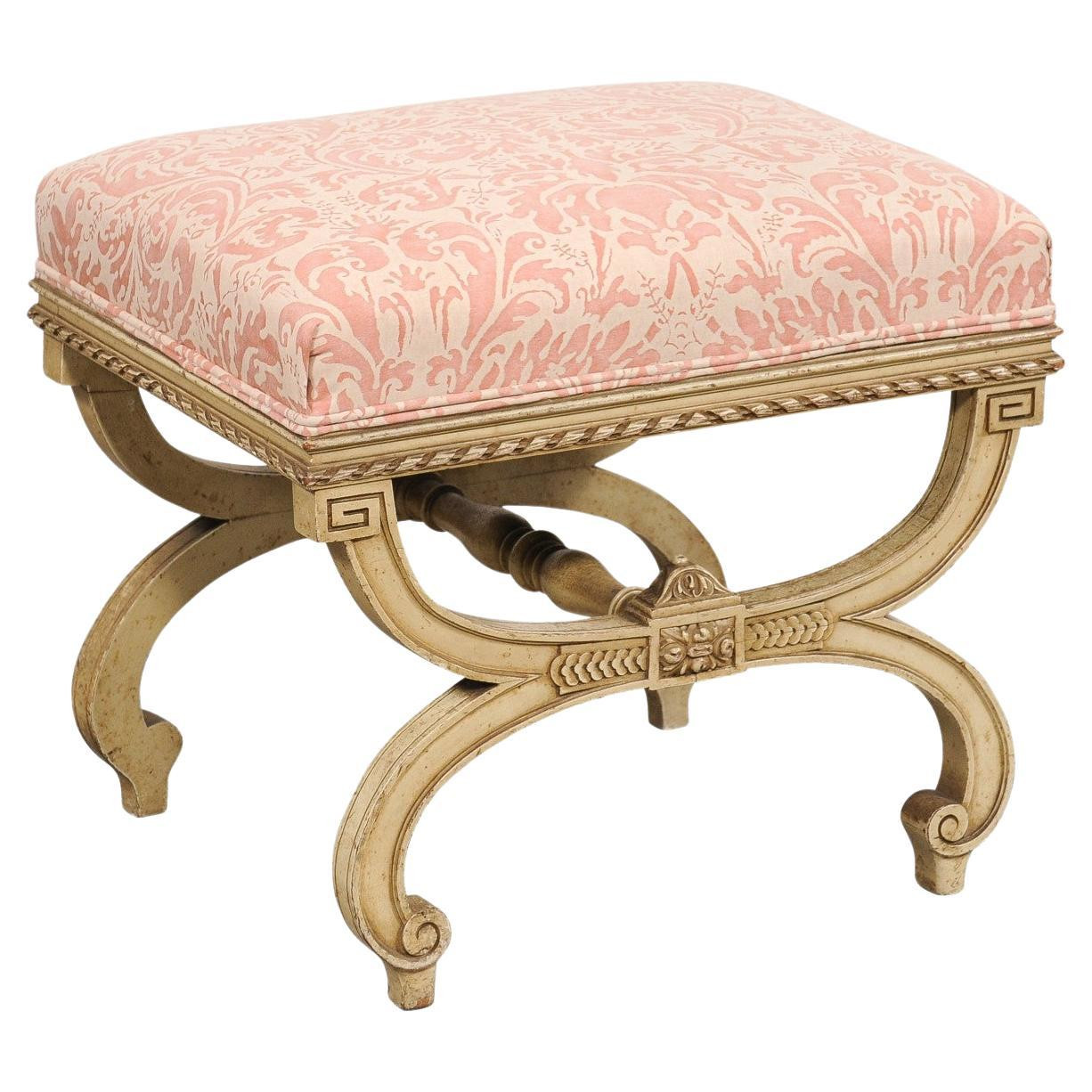 Vintage Italian Curule-style Stool Newly Reupholstered in Fortuny Fabric | 1stDibs