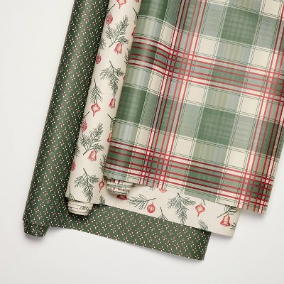 Set of 3 Plaid Gift Wrap Starburst/Ornament/Pine Sprigs - Hearth & Hand™ with Magnolia | Target