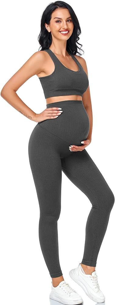 Women's Maternity 2 Piece Outfit Set - Bra & Shorts for Pregnancy - Yoga workout Lounge Wear Sets | Amazon (US)