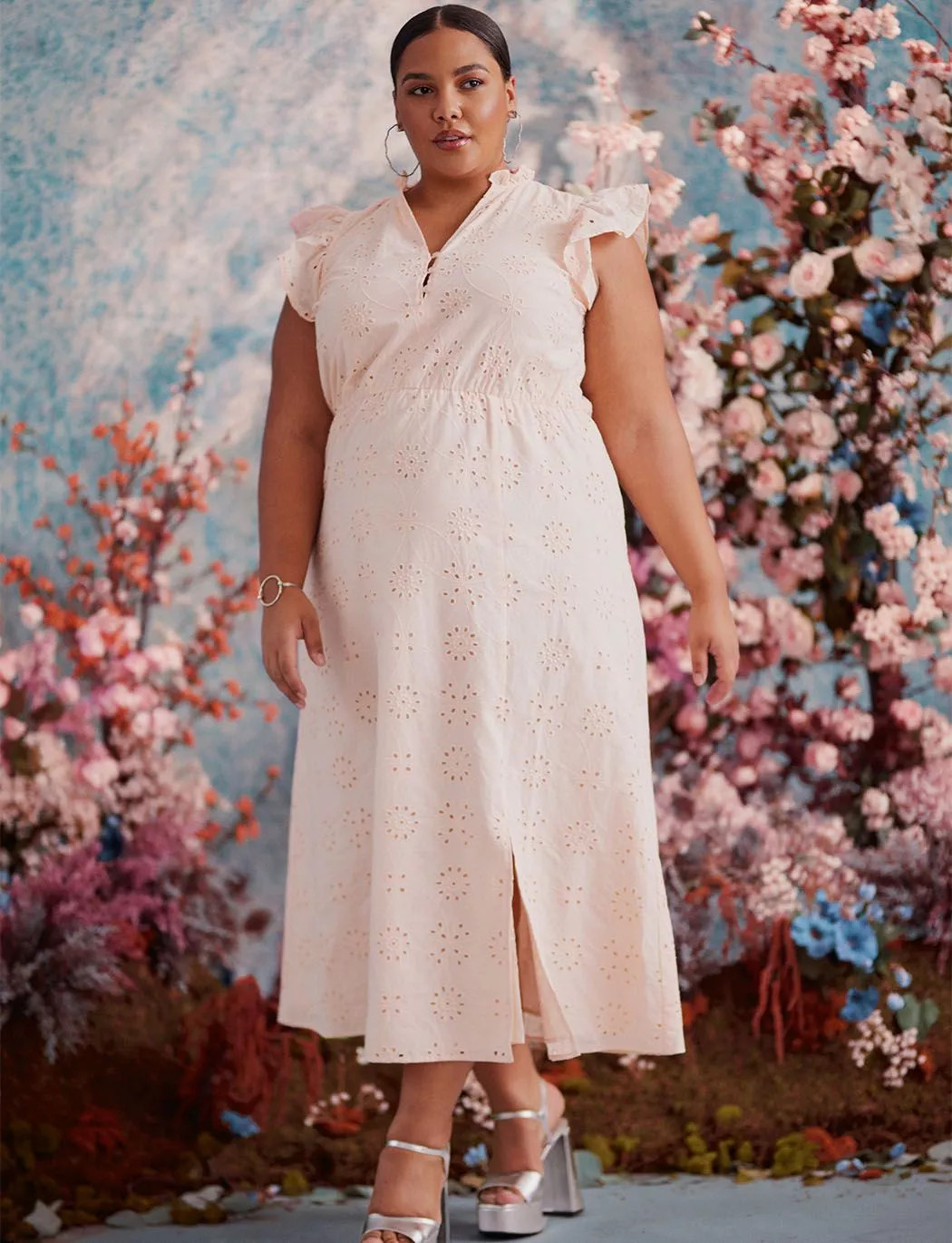 ELOQUII Elements Maxi Eyelet Dress With Slit | Eloquii