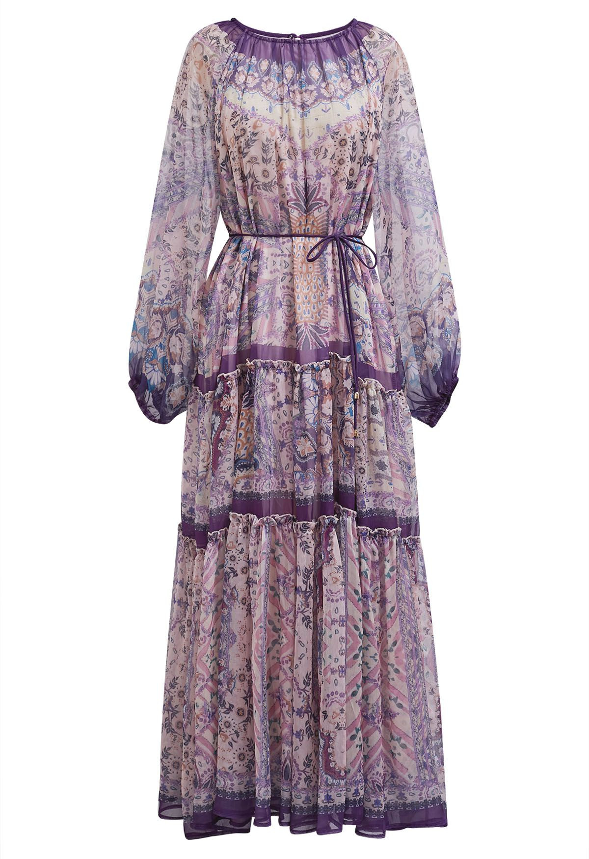 Mystic Garden Bubble Sleeve Ruffle Maxi Dress in Purple | Chicwish