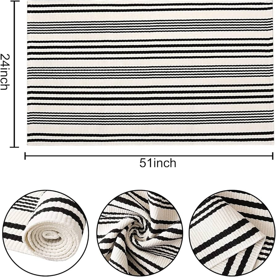Black and White Striped Rug 24'' x 51''Outdoor Front Porch Rug Hand-Woven Machine Washable Indoor... | Amazon (US)