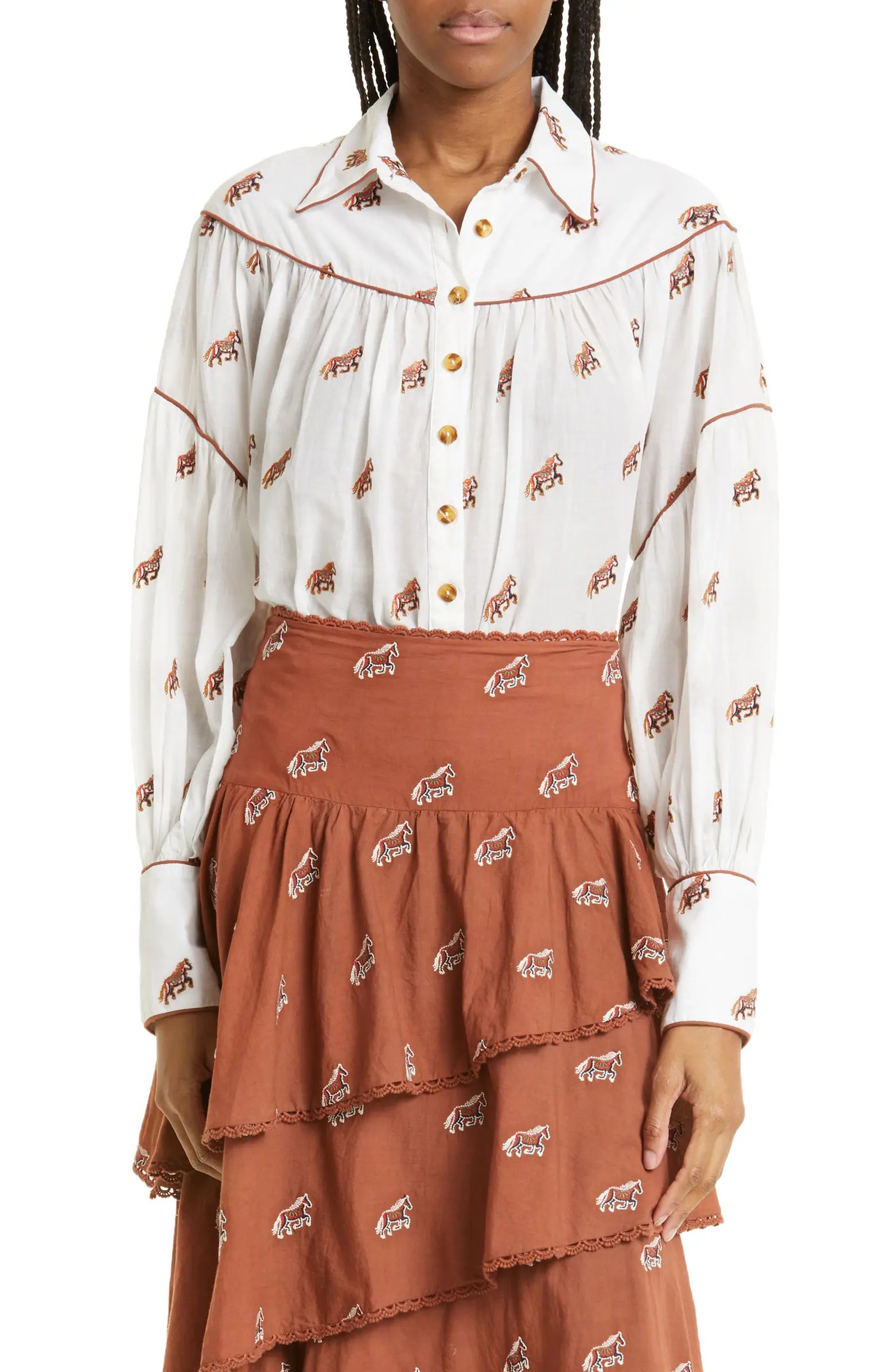 Horse Embroidered Cotton Button-Up Shirt | Nordstrom