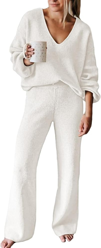 Linsery Women 2 Piece Knit Set Long Sleeve Pullover Sweater Top Wide Leg Pant Sweatsuit Outfits | Amazon (US)