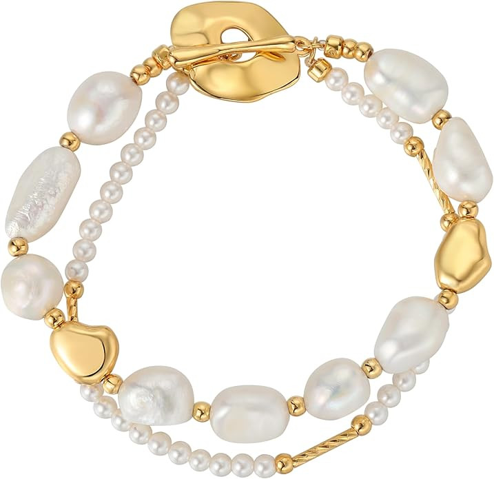 Real Freshwater Pearl Layered Bracelet，18K Gold Plated Pearl Bracelets for Women，Real Baroque... | Amazon (US)