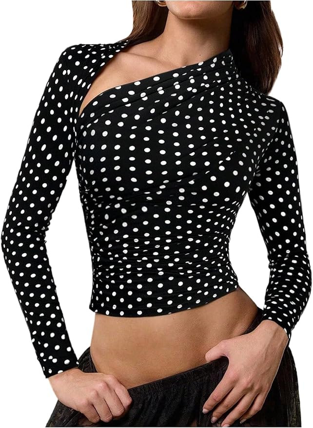 Floerns Women's Elegant Polka Dots Long Sleeve T Shirt Asymmetrical Neck Fall Dressy Casual Tops | Amazon (US)