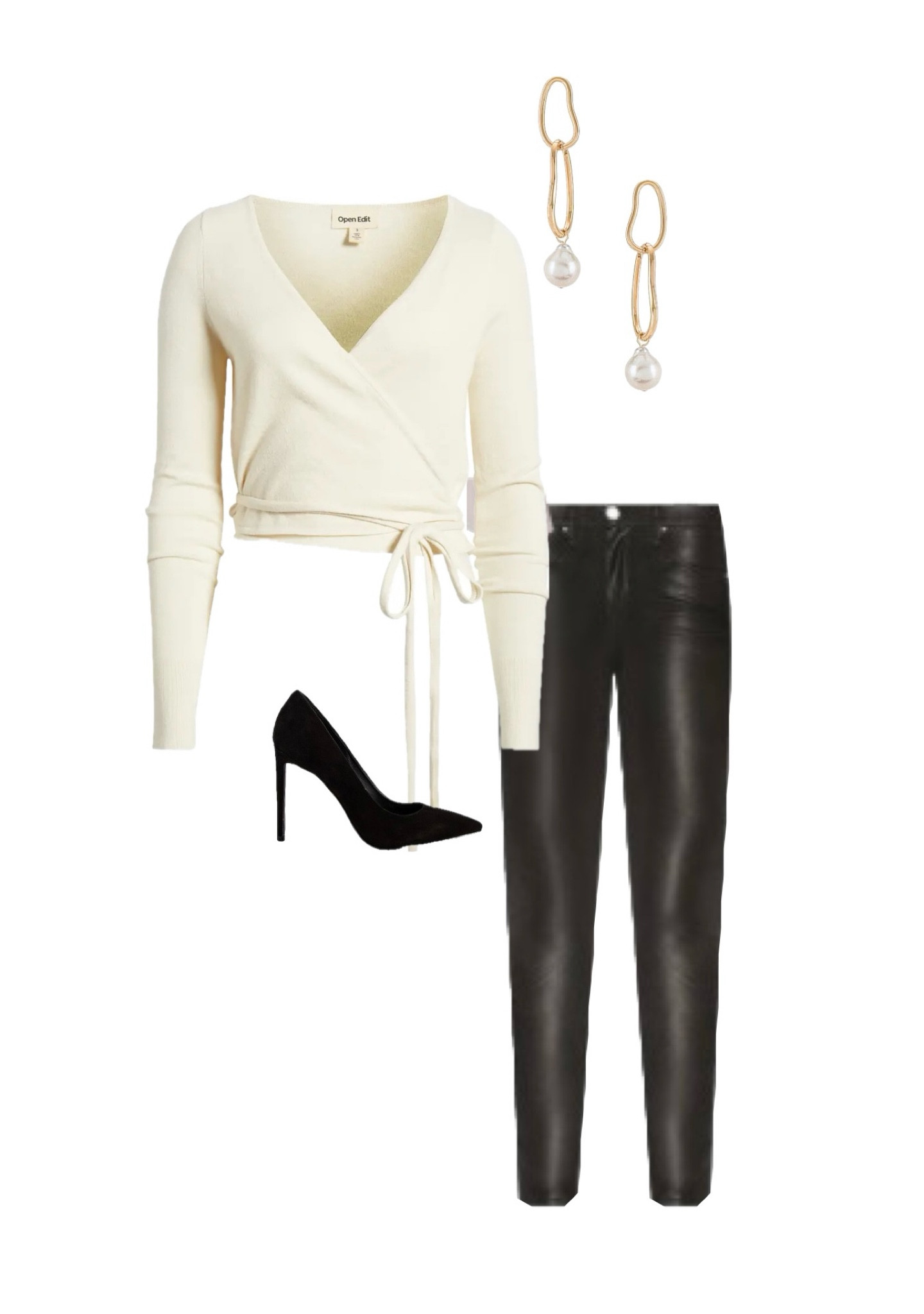 Christmas or New Year’s Day outfit idea | wrap sweater cream color | faux leather pants | black pumps | drop earrings | classic look, pair with a red lip. 

#LTKSeasonal #LTKParties #LTKHoliday