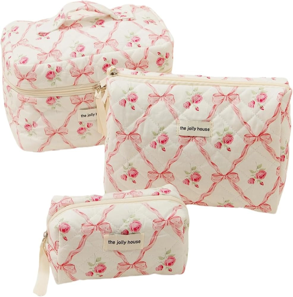 Cute Makeup Bag Aesthetic Floral Quilted Cotton Cosmetic Bag Travel Organizer Toiletry Pouch 3 Pa... | Amazon (US)