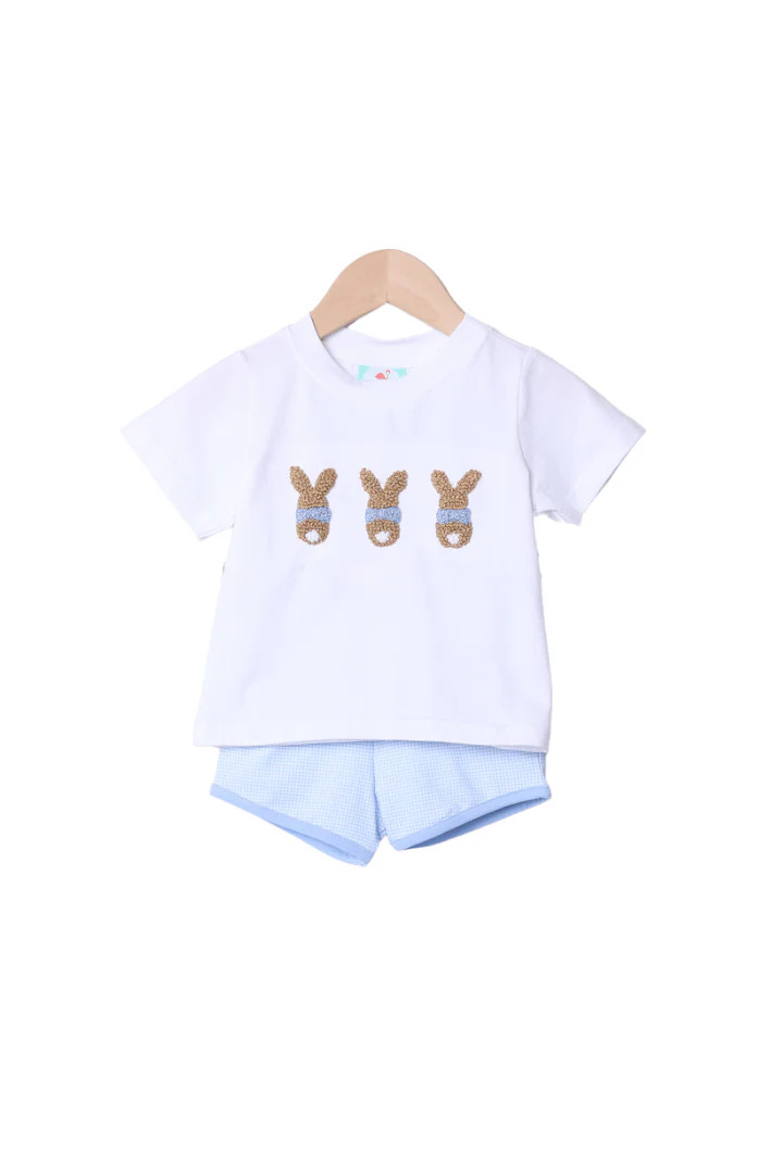 French Knot Bunny Blue Knit Gingham Short Set | The Smocked Flamingo