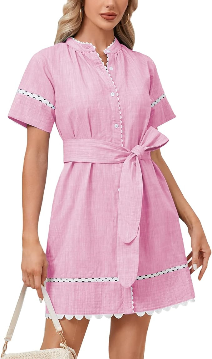 Women's Short Sleeve Summer Shirt Dress Button Down Belted Tunic Mini Dresses RIC Rac Trim Sundre... | Amazon (US)