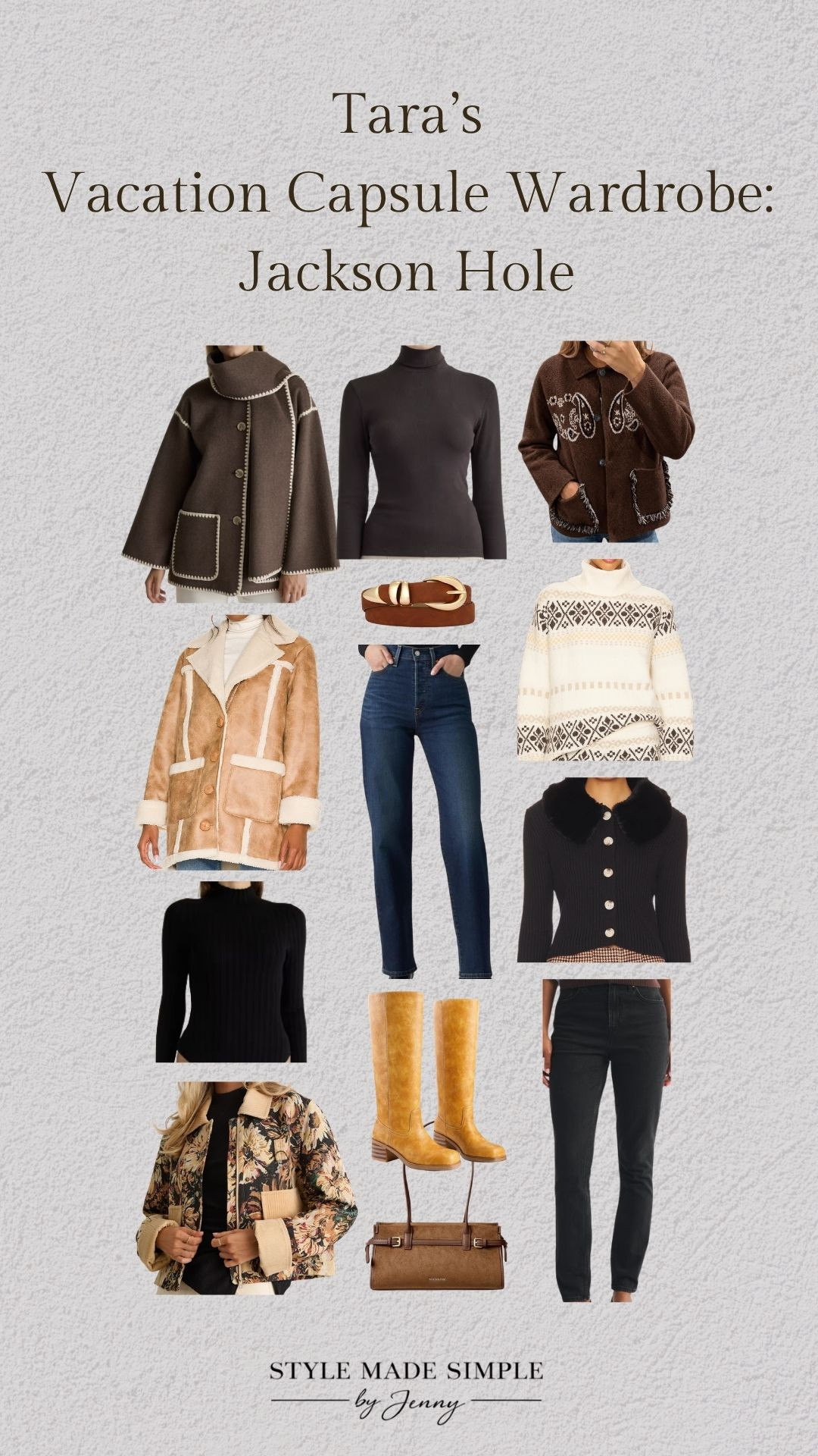 My client’s custom Vacation Capsule for her upcoming trip to Jackson Hole 🏔️ Every piece was selected specifically for her personal style, body, budget and itinerary so she has a wardrobe that feels elevated, cohesive and easy to wear throughout her trip.

Want me to plan your vacation wardrobe? Book a custom Vacation Capsule and I’ll style 10 pieces + 10 complete outfits specifically for your trip: https://stylemadesimplebyjenny.com/










_

Jackson Hole outfits, Jackson Hole winter outfits, Jackson Hole vacation outfits, ski trip outfits, ski vacation outfits, winter vacation outfits, après ski outfits, western winter outfits, mountain vacation outfits, winter capsule wardrobe, winter outfits women, winter travel outfits, cold weather outfits, cozy sweaters, Fair Isle sweater, turtleneck sweater, brown cardigan, black cardigan, shearling jacket, suede jacket, winter coat, straight leg jeans, black jeans, brown belt, knee high boots, suede boots, western boots, winter boots, brown handbag, winter accessories

#JacksonHoleOutfits #WinterOutfits #SkiTripOutfits 

 