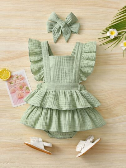 Baby Square Neck Layered Ruffle Combo Bodysuit Dress & Headband | SHEIN
