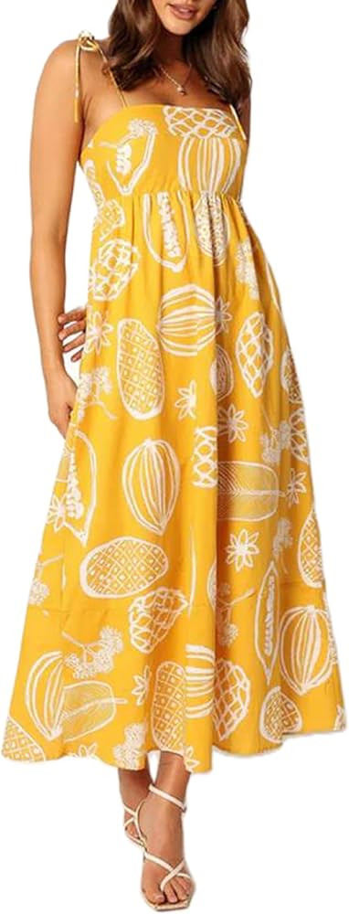 Women Graphic Maxi Cami Dress Spaghetti Strap Floral Boho Long Dress Flowy Summer Holiday Beach D... | Amazon (US)