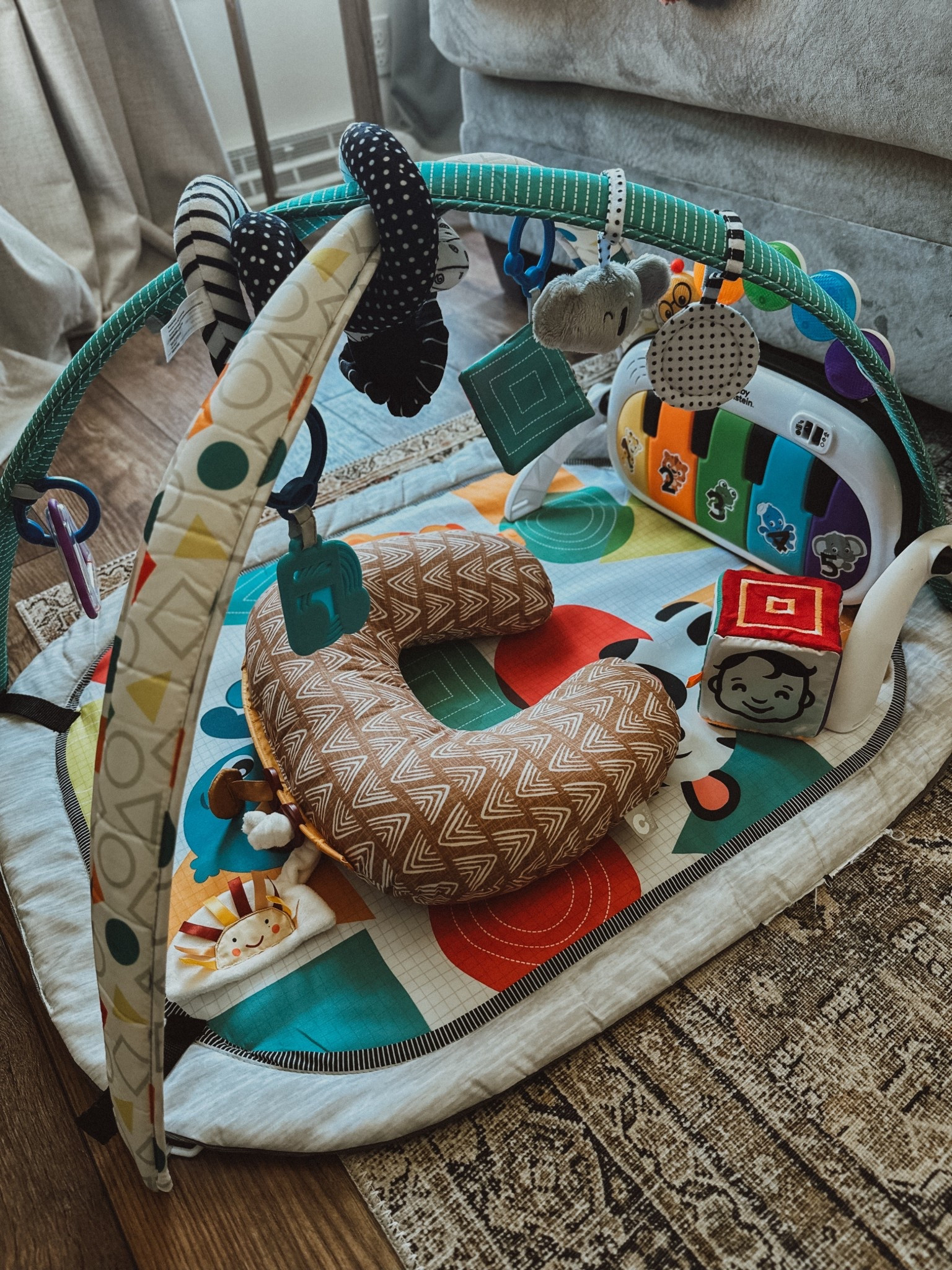 Here are the top three things I would suggest for newborn entertainment. My newborn loves this kicking gym so much. We play every morning and the best part is, it is meant to be used as babies grow and can teach them more and more things. Additionally, we use the Boppy inside to prop him up and do tummy time as well as incorporating the high contrast toys that he can see the most right now! I suggest adding all three of these things to your baby registry, soon-to-be-mamas!

#LTKBaby #LTKBump
