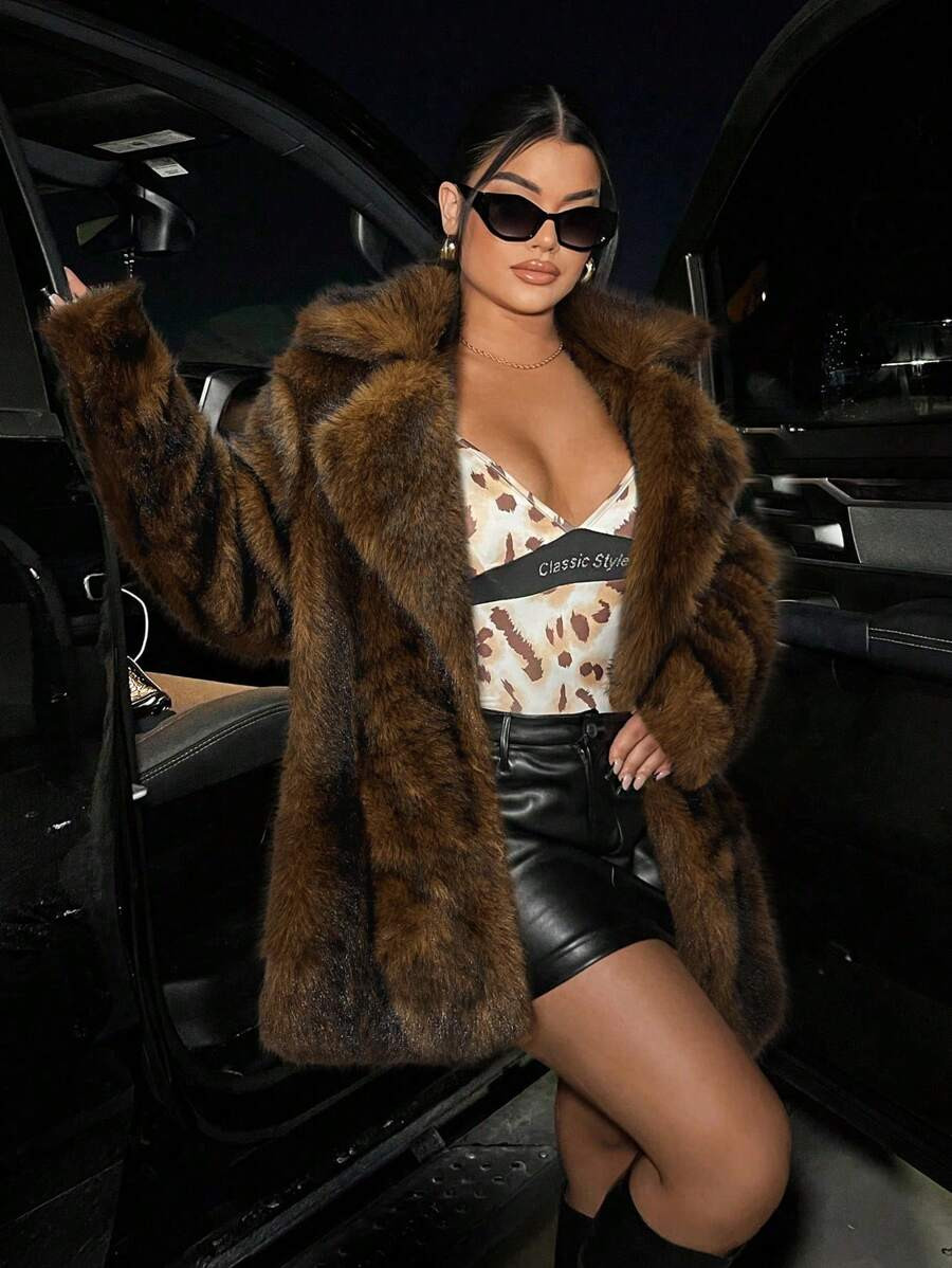 SHEIN SXY Lapel Neck Long Sleeve Open Front Fuzzy Coat For Winter | SHEIN