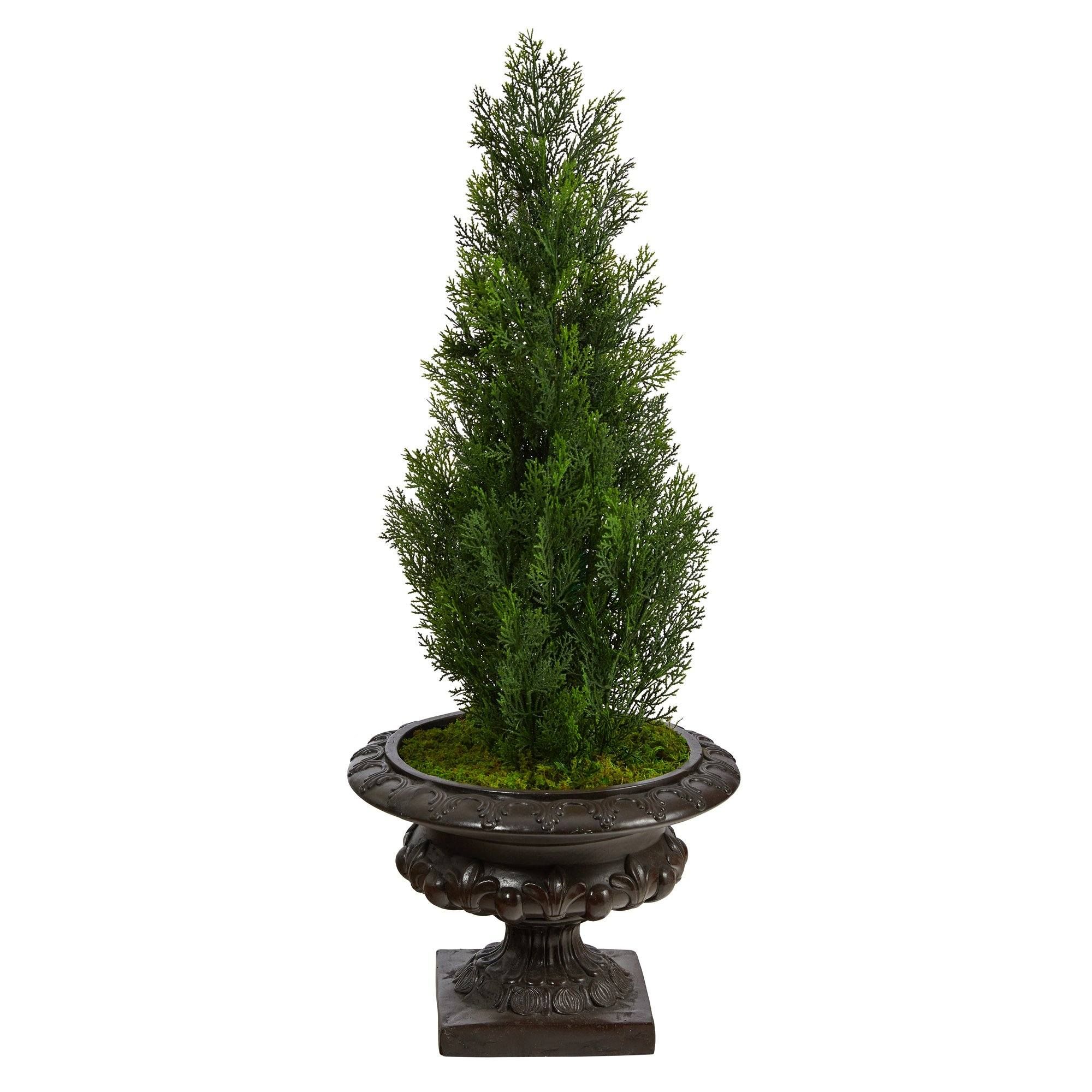3.5’ Mini Cedar Artificial Pine Tree in Iron Colored Urn UV Resistant (Indoor/Outdoor) | Nearly Natural