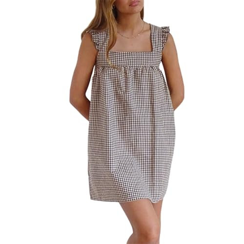 Mxiqqpltky Womens Summer Mini Dress Y2K Striped Tie Up Spaghetti Strap Swing Short Dress Cute Loose Fit Ruffle A Line Dresses(Light Brown,Small) | Amazon (US)