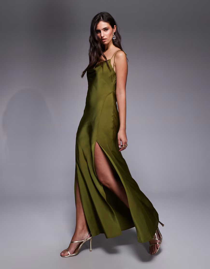 ASOS DESIGN satin tie strap maxi dress with split detail in olive green | ASOS (Global)