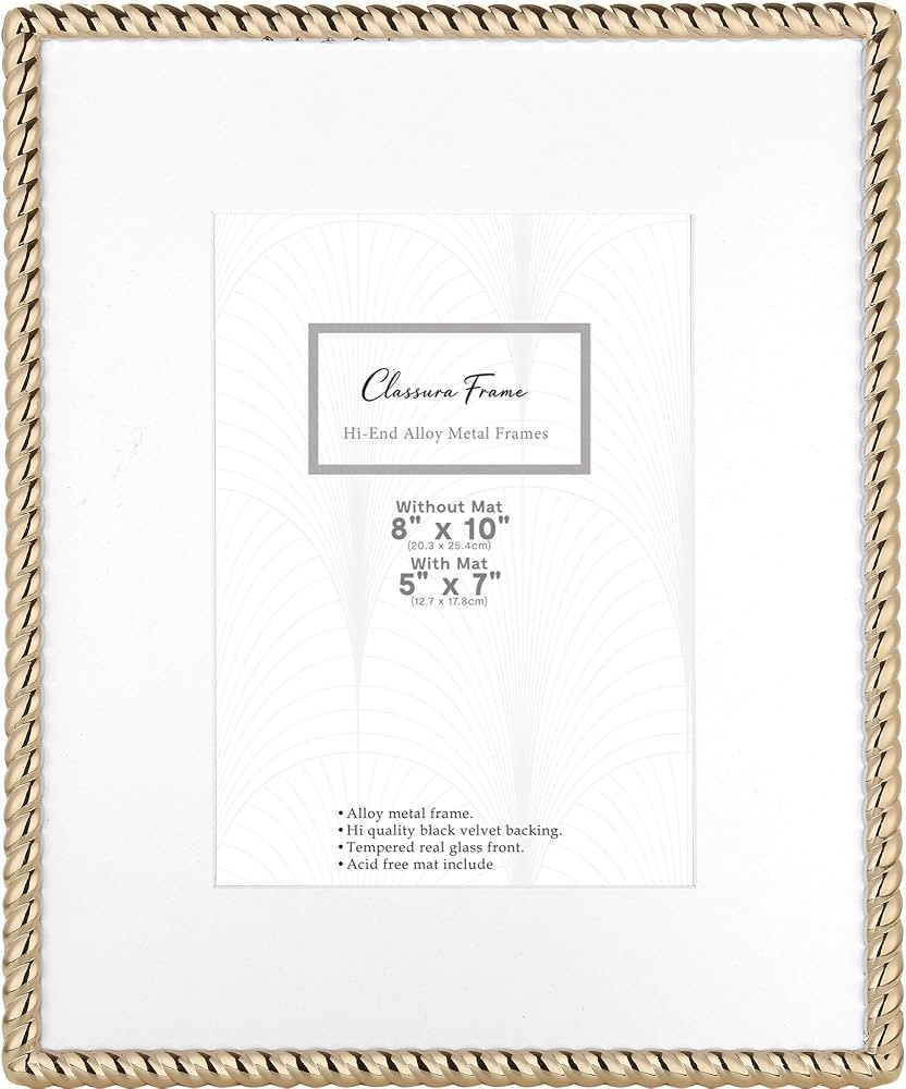 High-End 8x10'' Gold Photo Frames with Acid Free Mat for 5x7'',Contemporary Rope Profile,Velvet B... | Amazon (US)