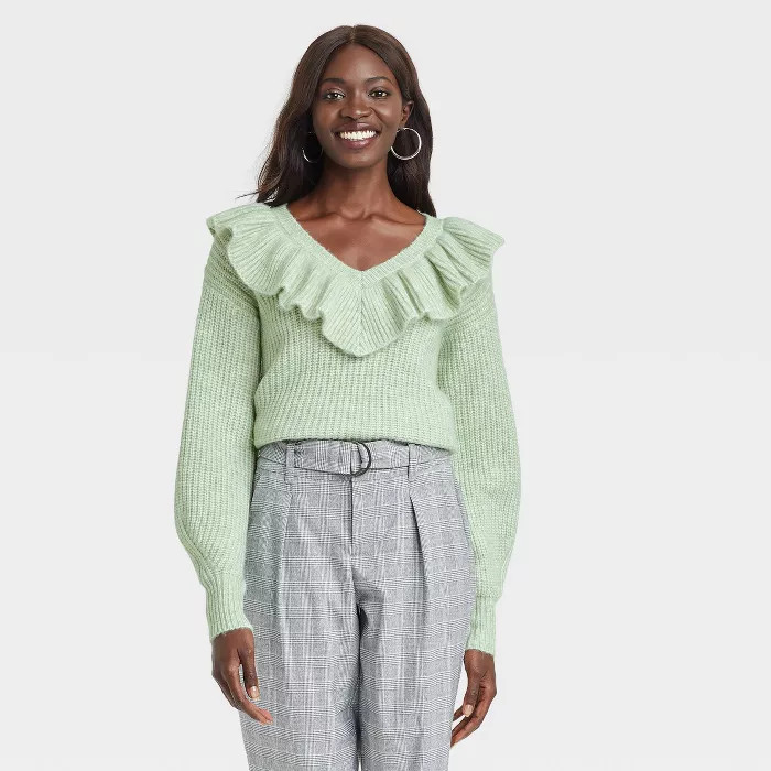 Women's V-Neck Ruffle Pullover Sweater - A New Day™ | Target