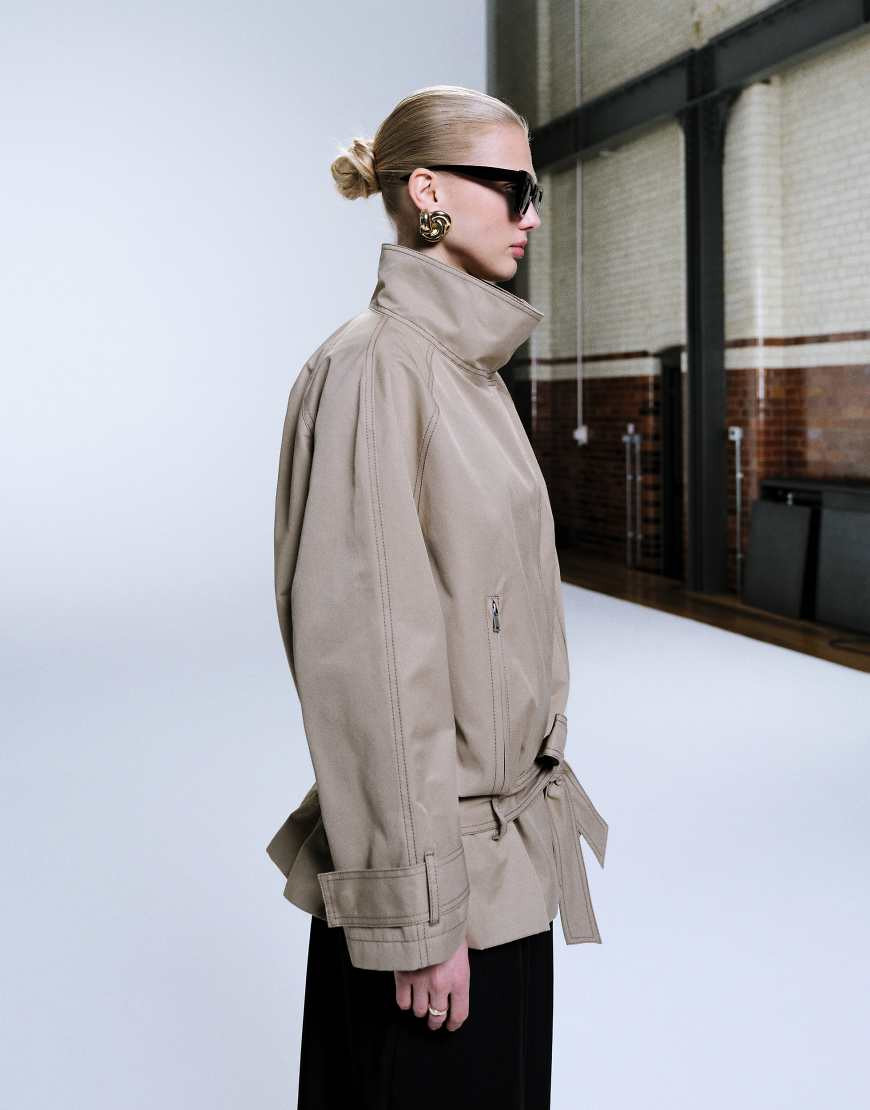 ASOS DESIGN dropped belt mid length trench coat in stone-Neutral | ASOS (Global)