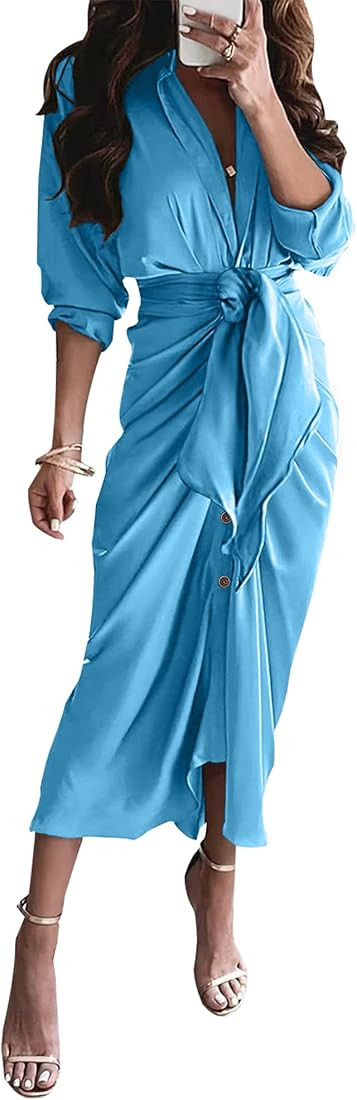 BTFBM Women's Long Sleeve Lapel V Neck Button Down Satin Dresses Elegant Ruched Casual Fall Maxi ... | Amazon (US)