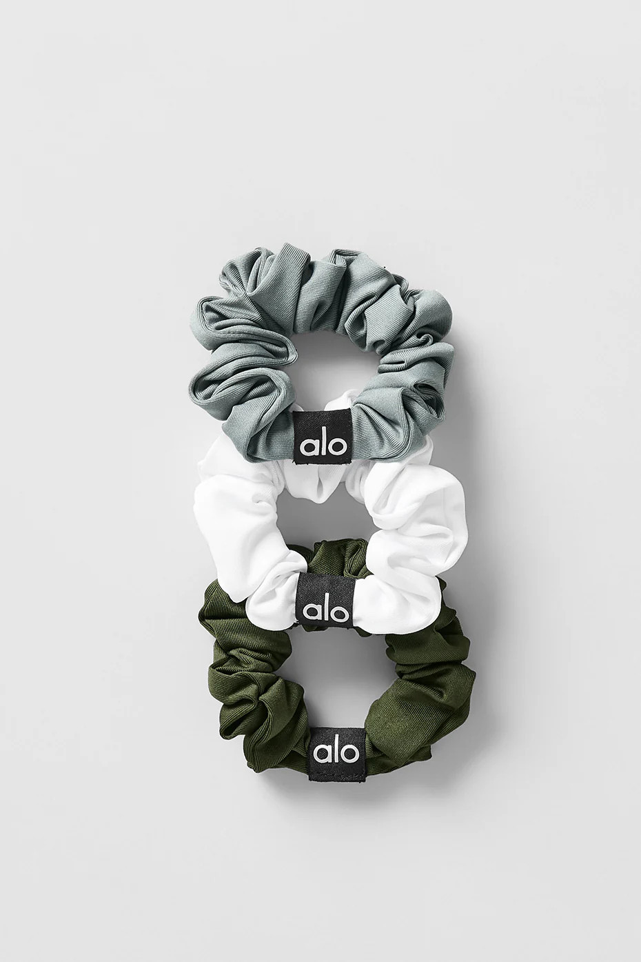 ALO | Fresh Mini Scrunchie (3-Pack) in Green Olive/Lunar Grey/White | Alo Yoga (US)