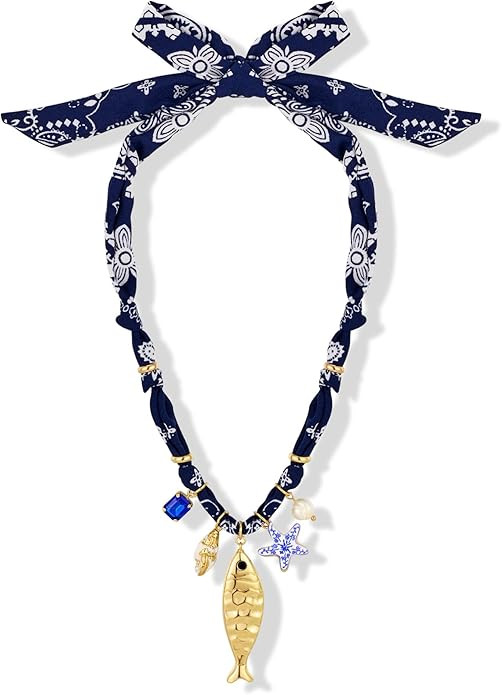 Gold Fish Necklace For Women Blued Beaded Strand Toggle Necklace With Gold Fish Pendants Dainty S... | Amazon (US)
