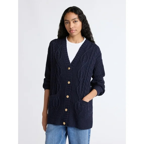 Free Assembly Women's Oversized Cable Cardigan Sweater with Long Sleeves, Midweight, Sizes XS-XXL | Walmart (US)
