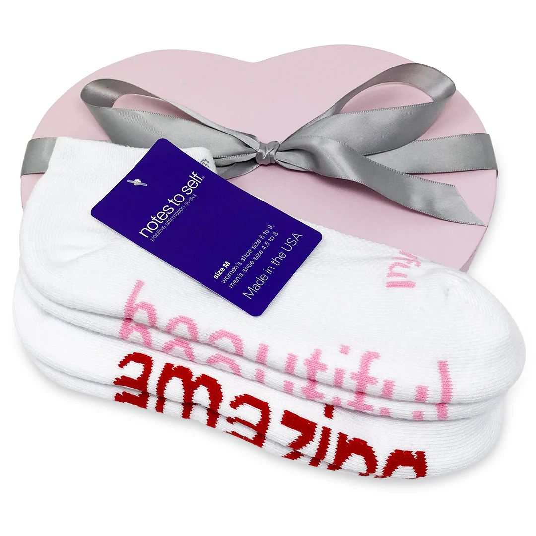 I am beautiful™ + I am amazing® white socks in pink heart box | notes to self