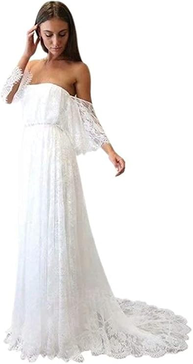 Andybridal Women's Boho Off The Shoulder Slit Wedding Dresses for Bride Flowy Chiffon Long Beach Bri | Amazon (US)