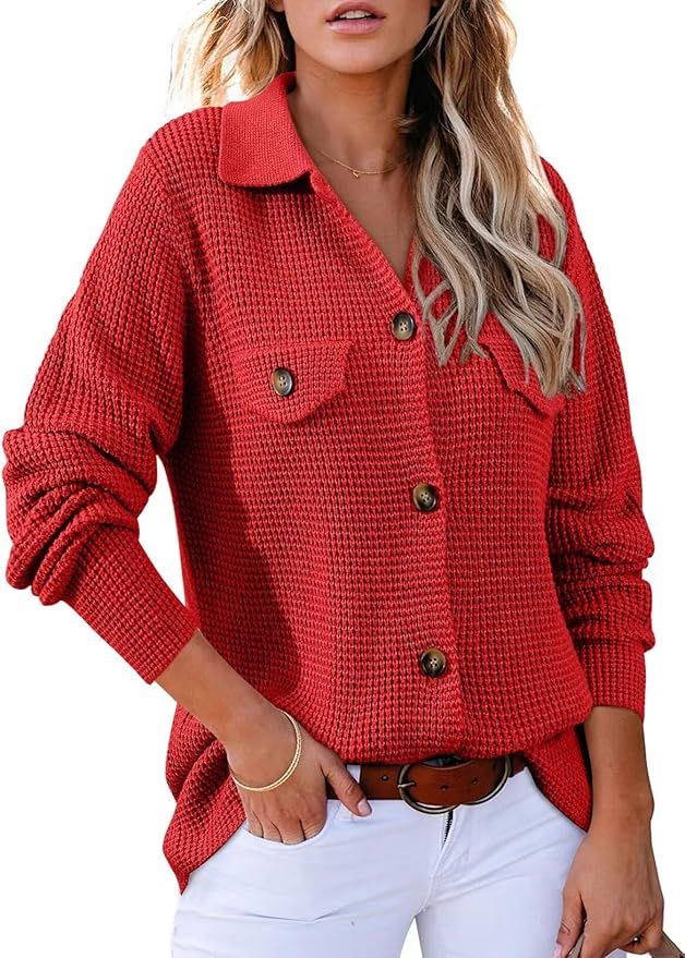 Astylish Women 2024 Waffle Knit Shacket Jacket Casual Long Sleeve Sweater Button Down Shirts Dres... | Amazon (US)