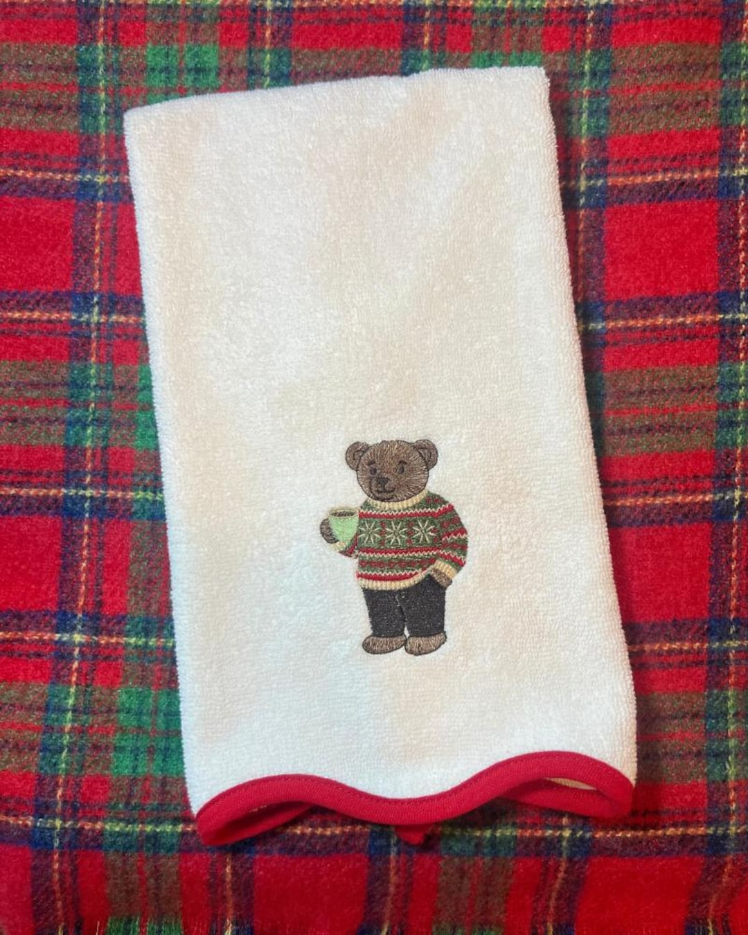 1pc Cozy Teddy Bear Scalloped Christmas Hand Towel | Cream & Red Embroidered Terry Cotton Towel -... | Etsy (US)