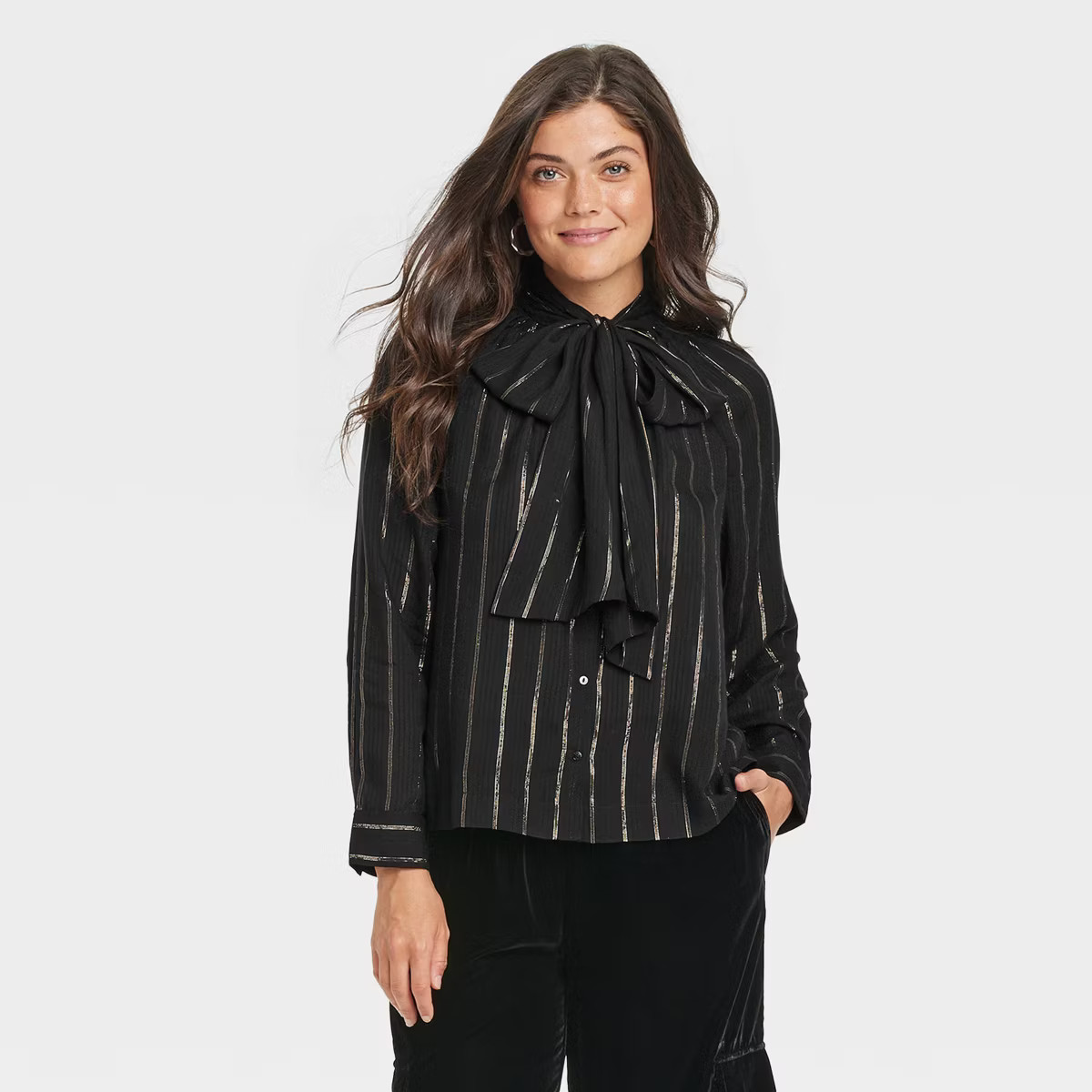 Women's Long Sleeve Tie-Front Bow Blouse - Universal Thread™ Black Striped | Target