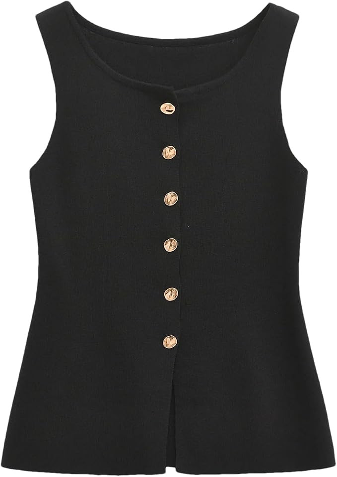 Women's Gold Button Knitted Vest O-Neck Sleeveless Front Opening Suit Jacket | Amazon (US)