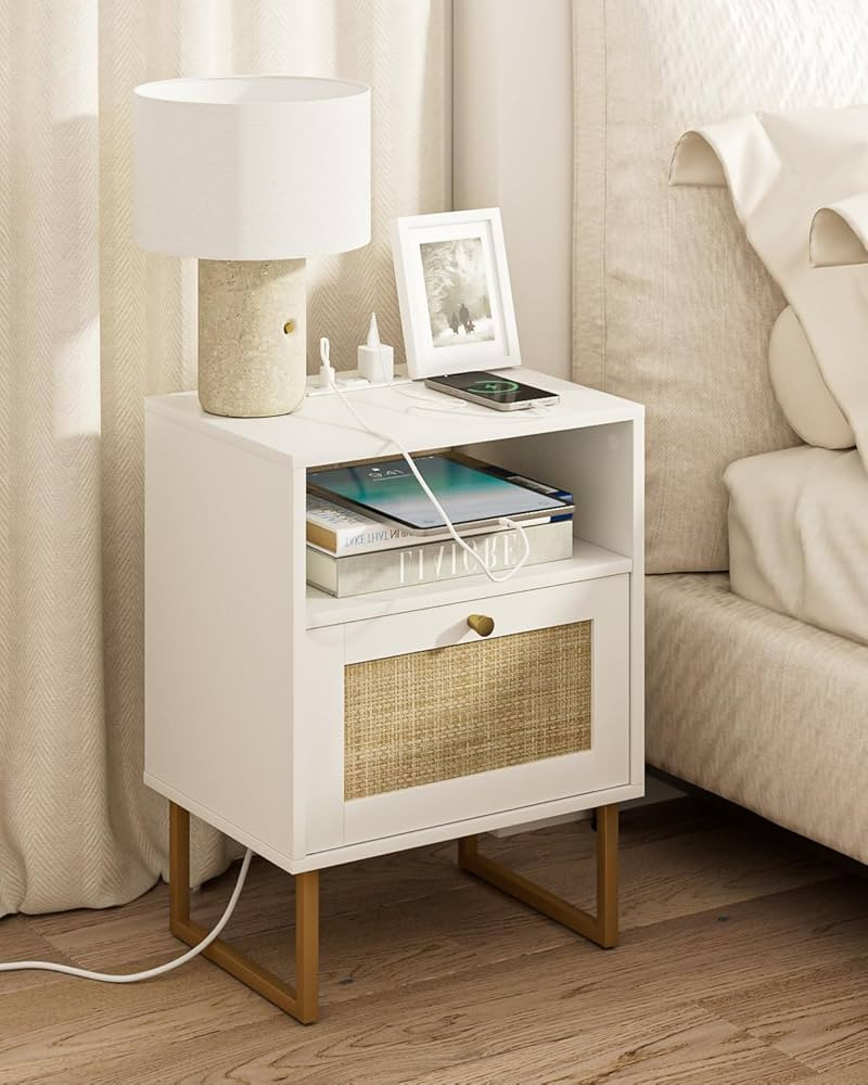 Masupu Rattan Nightstand with Charging Station,Modern Boho Farmhouse Wood Bedside Table with Stor... | Amazon (US)