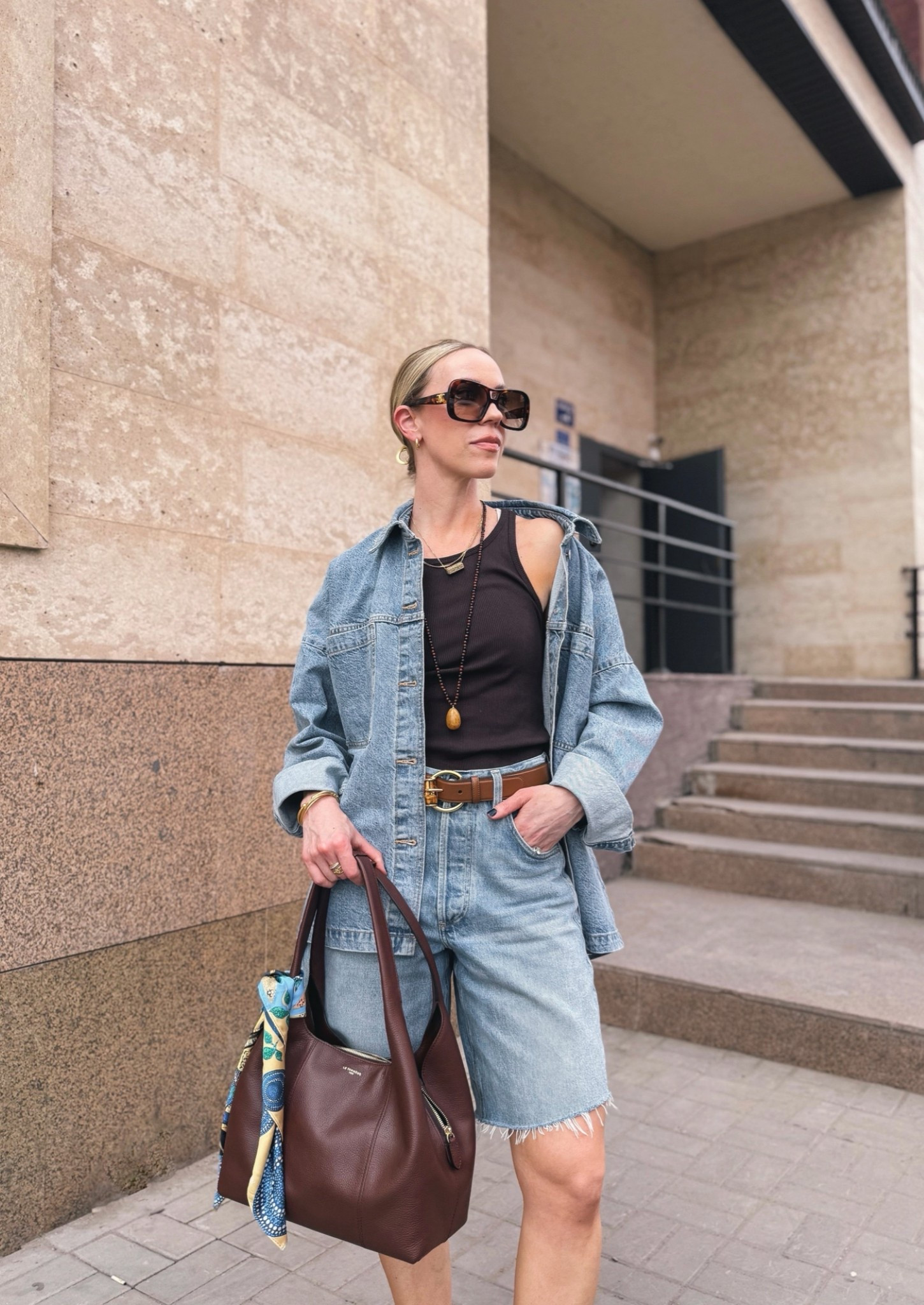 All denim summer outfit, denim on denim, denim bermuda shorts, beaded necklace, Le Tanneur handbag, summer 2026

#LTKSeasonal #LTKTravel #LTKOver40