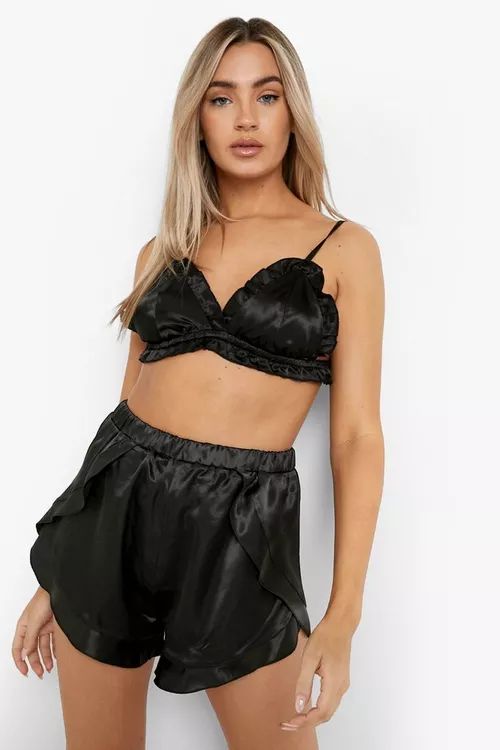 Satin Frilly Bralette & Shorts Set | Boohoo.com (US & CA)