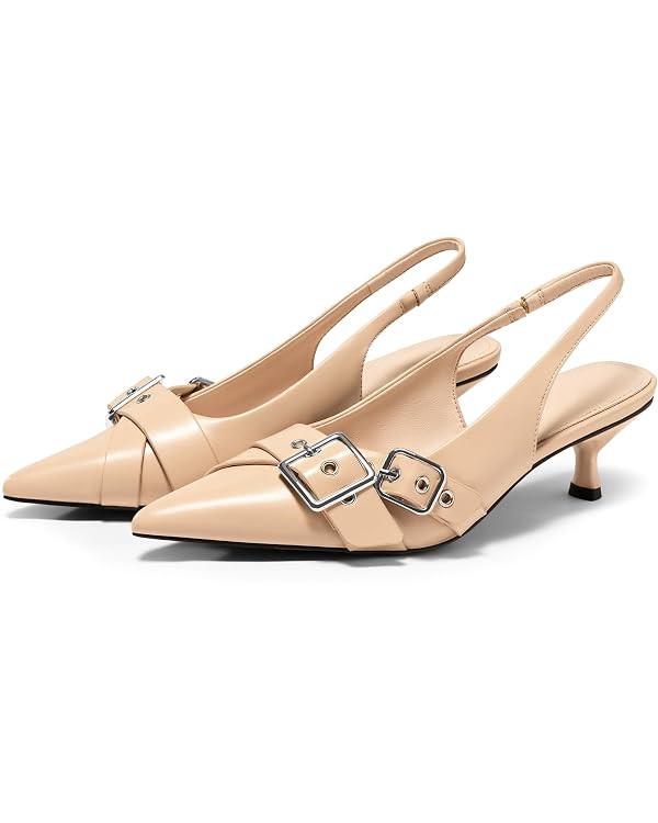 Coutgo Womens Slingback Kitten Heels Closed Pointed Toe Pumps Studded Buckle Strap Party Dress Sh... | Amazon (US)