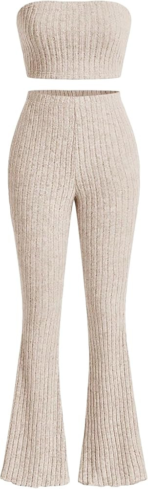 Verdusa Women's 2 Piece Ribbed Knit Sleeveless Crop Tube Top and Flare Leg Pants Set | Amazon (CA)