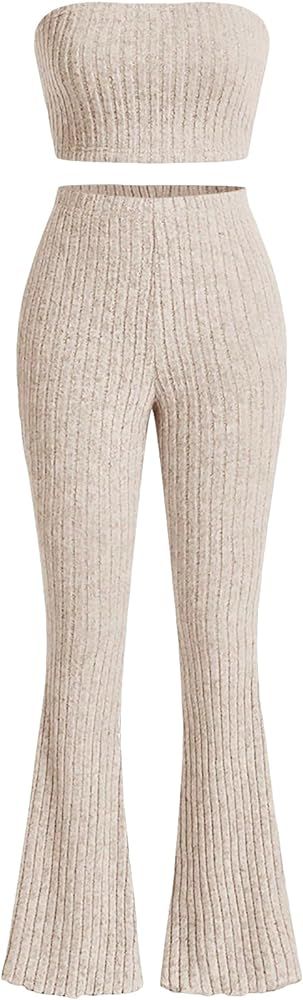 Verdusa Women's 2 Piece Ribbed Knit Sleeveless Crop Tube Top and Flare Leg Pants Set | Amazon (CA)