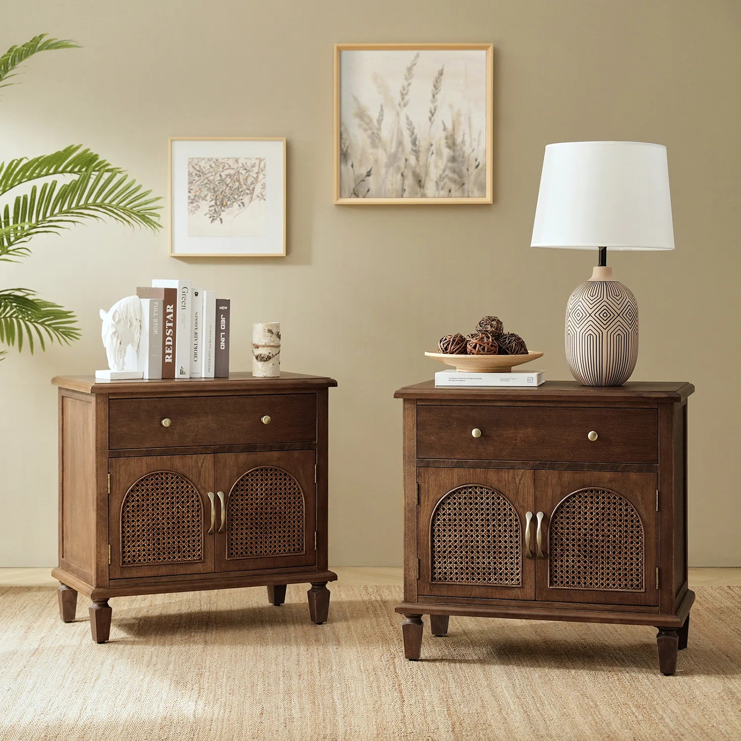 Dyals Traditional 28"W End Table Design Rattan Cabinet Doors with Built-in Power Outlet and Adjus... | Wayfair North America