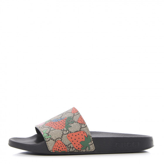 GUCCI GG Supreme Monogram Strawberry Print Slide Sandals 37 | Fashionphile