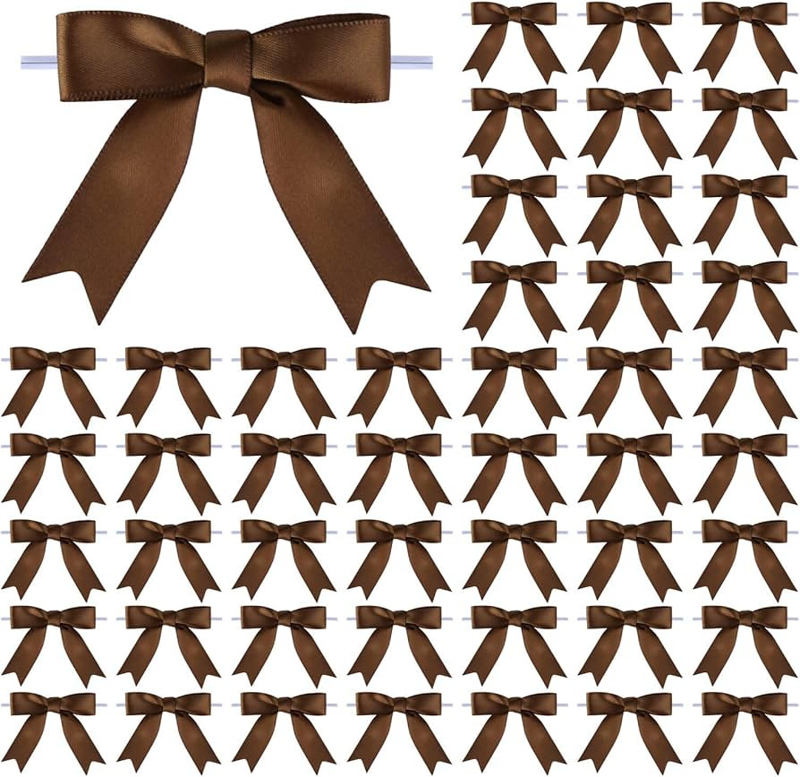 50 Pcs 3 Inches Twist Tie Satin Ribbon Bows Brown Pretied Premade Craft Bows for Treat Bags Gift ... | Amazon (US)