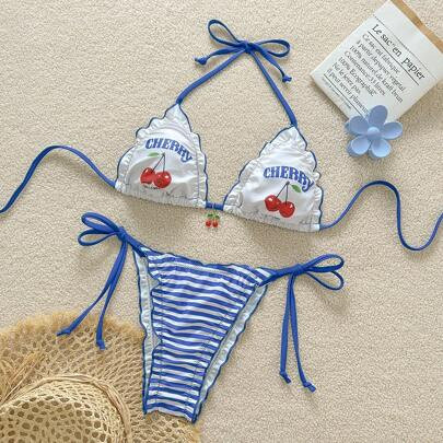 Springbreak Women Summer Cherries Print Triangle Halter Neck Cherries Decor & Blue Striped Bikini Bottom Cute & Sexy Swimsuit Set | SHEIN