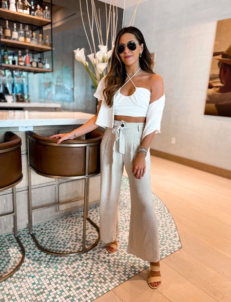 Vacation Outfit Idea— Linen Gaucho pants with a white crop top and white cropped linen shirt (wearing size small in everything)


#LTKeurope #LTKtravel #LTKunder100