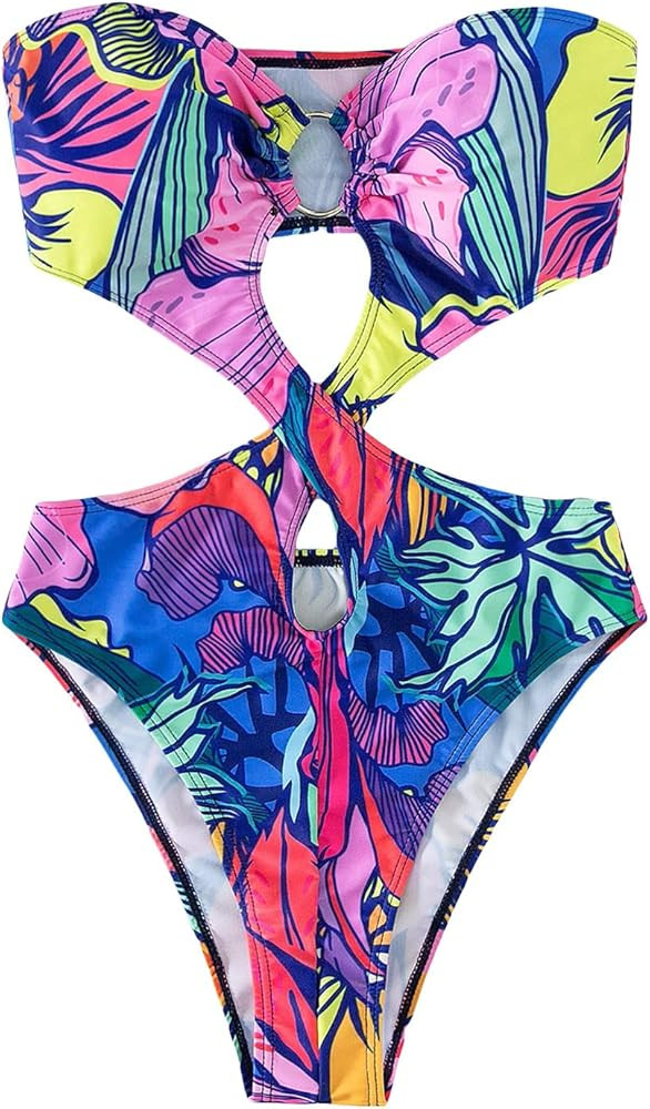 WDIRARA Women's Strapless Cut Out One Piece Swimsuit Tropical Print High Cut Swimsuit | Amazon (US)