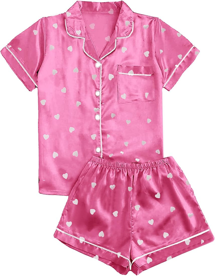 Remidoo Women's Short Sleeve Button Down Satin 2 Piece Pajama Set Sleepwear | Amazon (US)