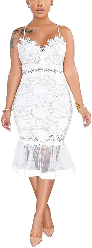 Salimdy Women Sexy Floral Lace Mesh Sheer Hollow Out Deep V Neck Spaghetti Strap Bodycon Pencil M... | Amazon (US)