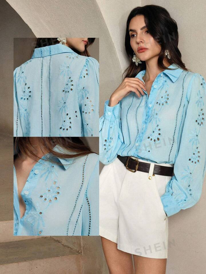 Anewsta Lapel Long Sleeve Hollow Embroidery Casual Shirt | SHEIN USA | SHEIN